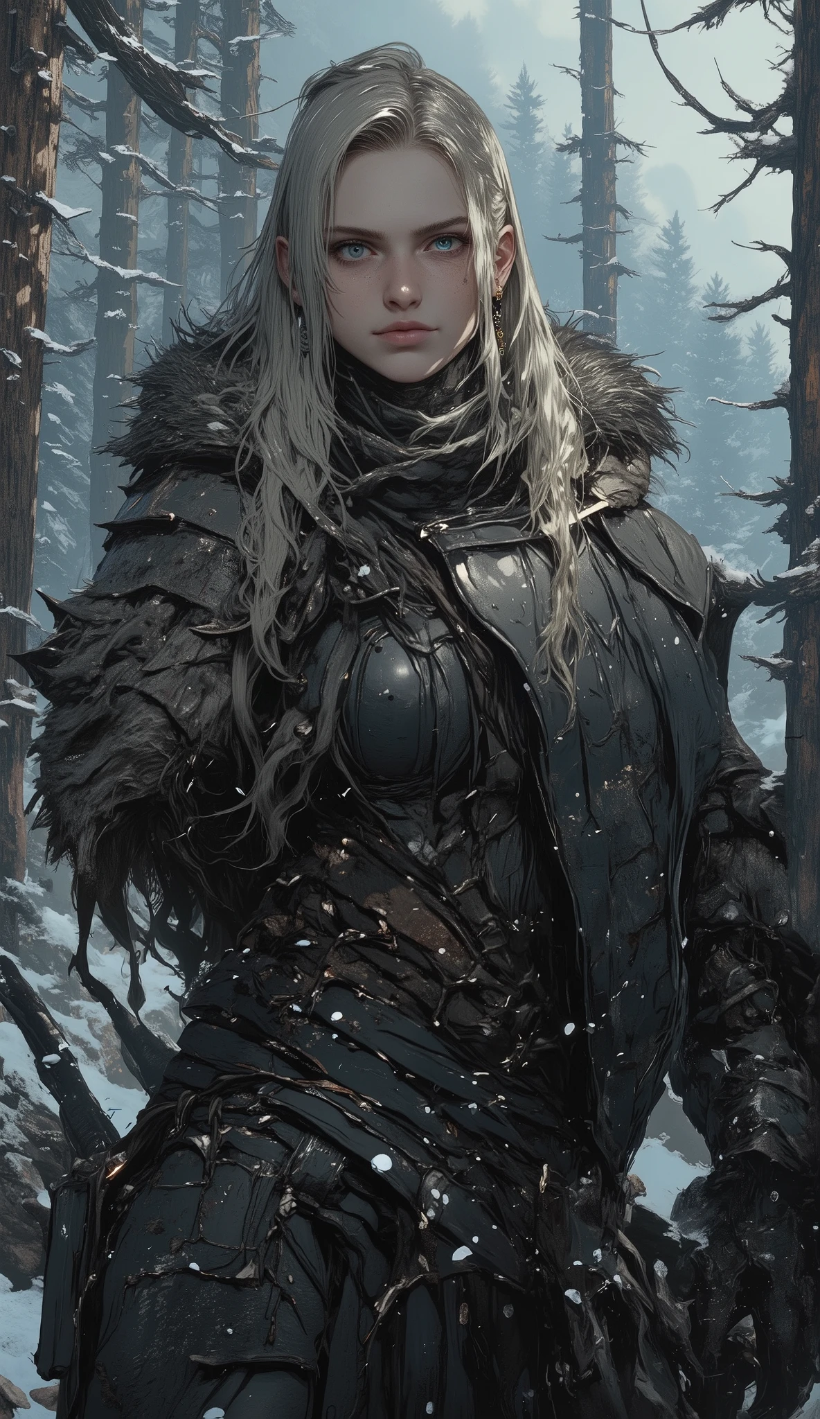(masterpiece, top quality, best quality, official art, detailed:1.2), billieeilishW3, 1woman, solo, highly detailed face, perfect hands, long white wavy hair with simetrical black ram horns and no bangs, outdoors, wearing full pleated armor, tree, fur trim cape in white, black gloves, snow, snowing, winter, walking and looking away with a hand on her belt, bare tree, flat chested and fully clothed with long sleeve medieval shirt and black trousers and armored shoulder pads