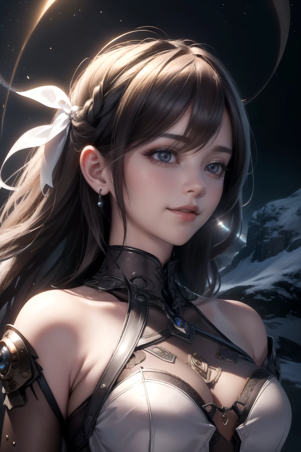 1 girl, bangs, bare shoulders, black air, breasts, cleavage, closed mouth, split sleeve, dress, eyelashes, surface, floating hair, jewelry, lips, long air, looking at the audience, medium_tits, multiple_ girl, necklace, parts_lips, purple_yes, red_pounds, simple_background, single, tallest, upper_body, white_pressure, wind