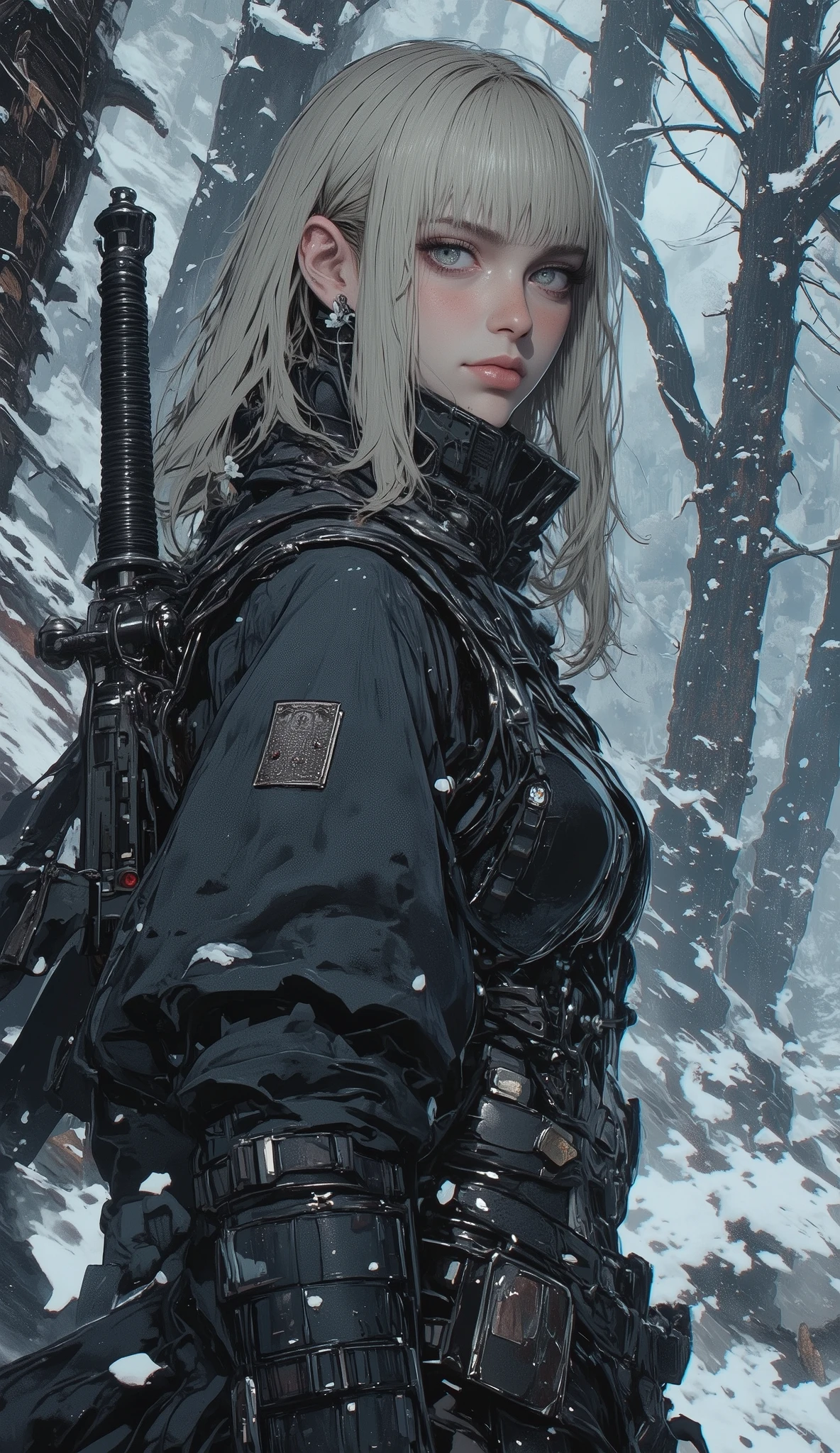 blue eyes 、 platinum blonde hair、 bangs with lots of flowers 、Female Swordsman, only wrist、 Standing in a Scandinavian Winter Forest、Snowstorm , Ultra High Definition 8K High Realistic Photos , dramatic lighting, focus on earrings and face