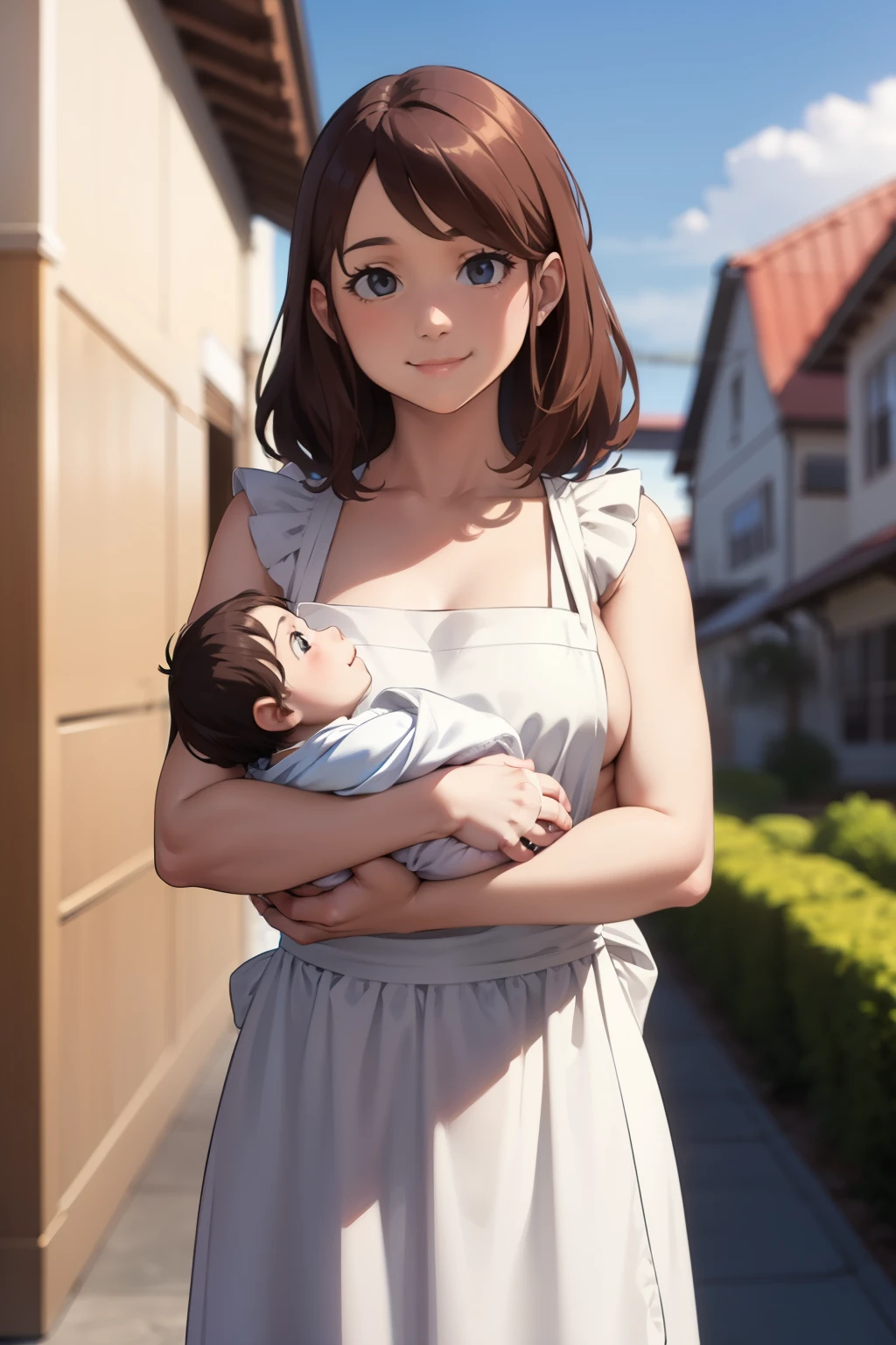 1girl, solo, naked apron,n(Holding a :1.5),Smile,((house wife)),baby
