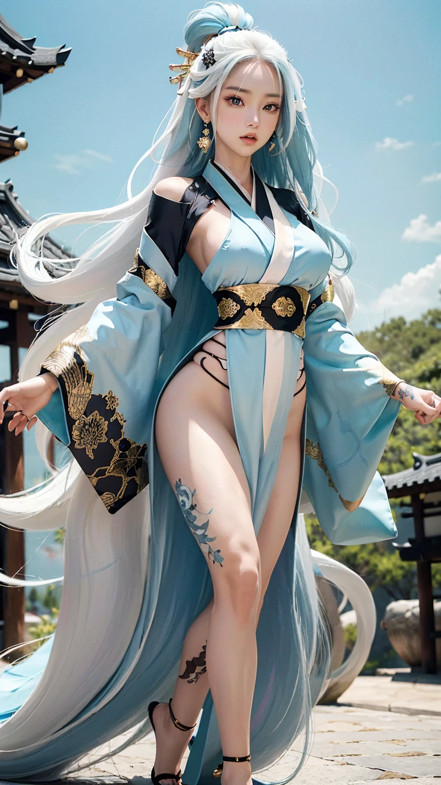 photorealistic, masterpiece, high resolution, soft light, mature female, silver hair, blue eyes, hips up, jewelry, jiangshi, qing_guanmao, breast curtains, ofuda, china dress