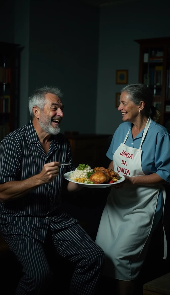 Shirtless muscular man, eating a large one next to an old elderly lady with a tray of food in her hand ,in favela