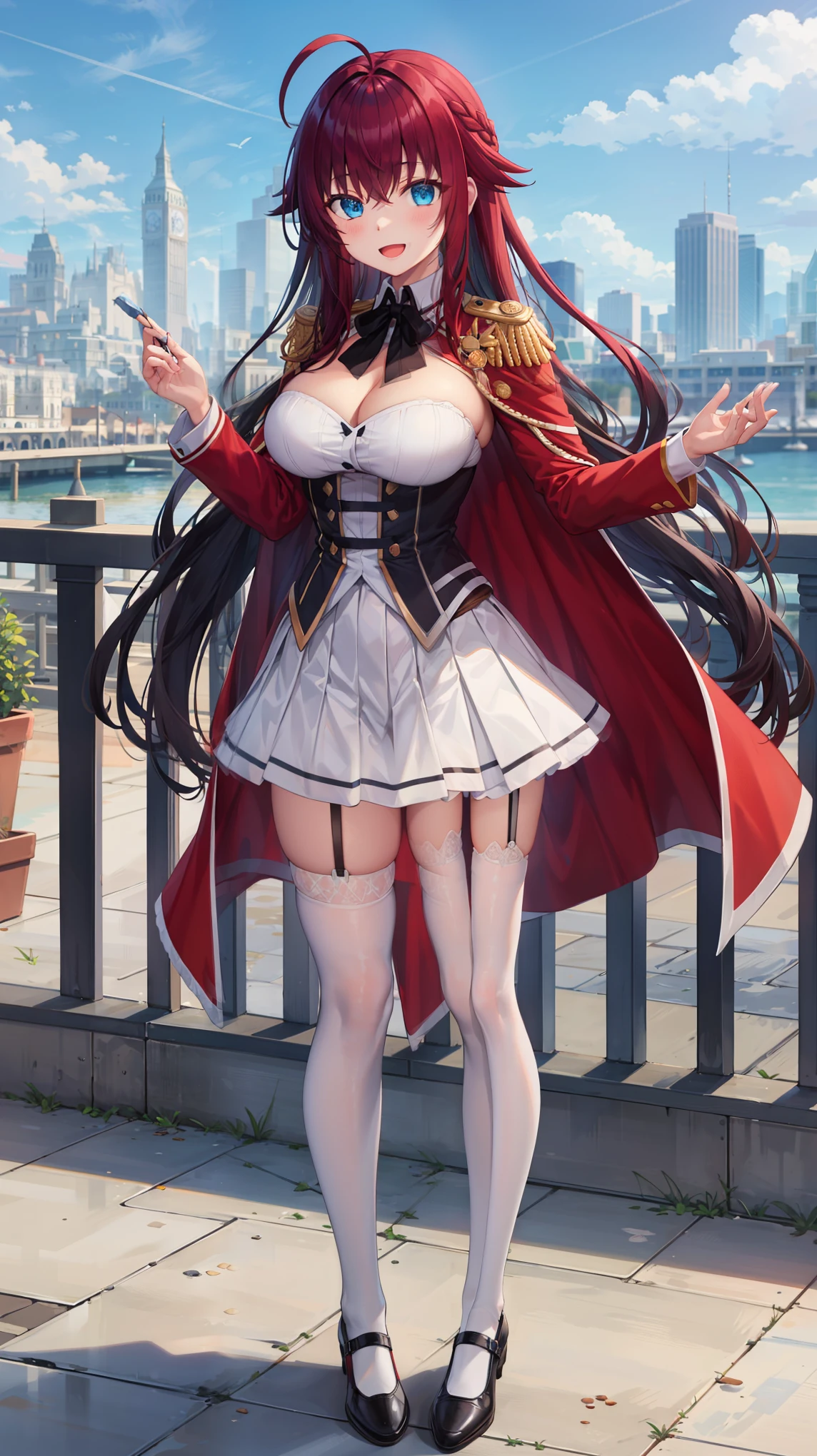 Masterpieces, Best Quality, girl, looking at viewer, RiasGremory,
1girl, red hair, long hair, blue eyes, ahoge, large breasts, feather hair ornament, black hair ribbon, white shirt, corset, green skirt, cleavage cutout, shoulder cutout, long sleeves, red cape, epaulettes, red bowtie, garter straps, white thighhighs, standing, smile, open mouth, outdoors