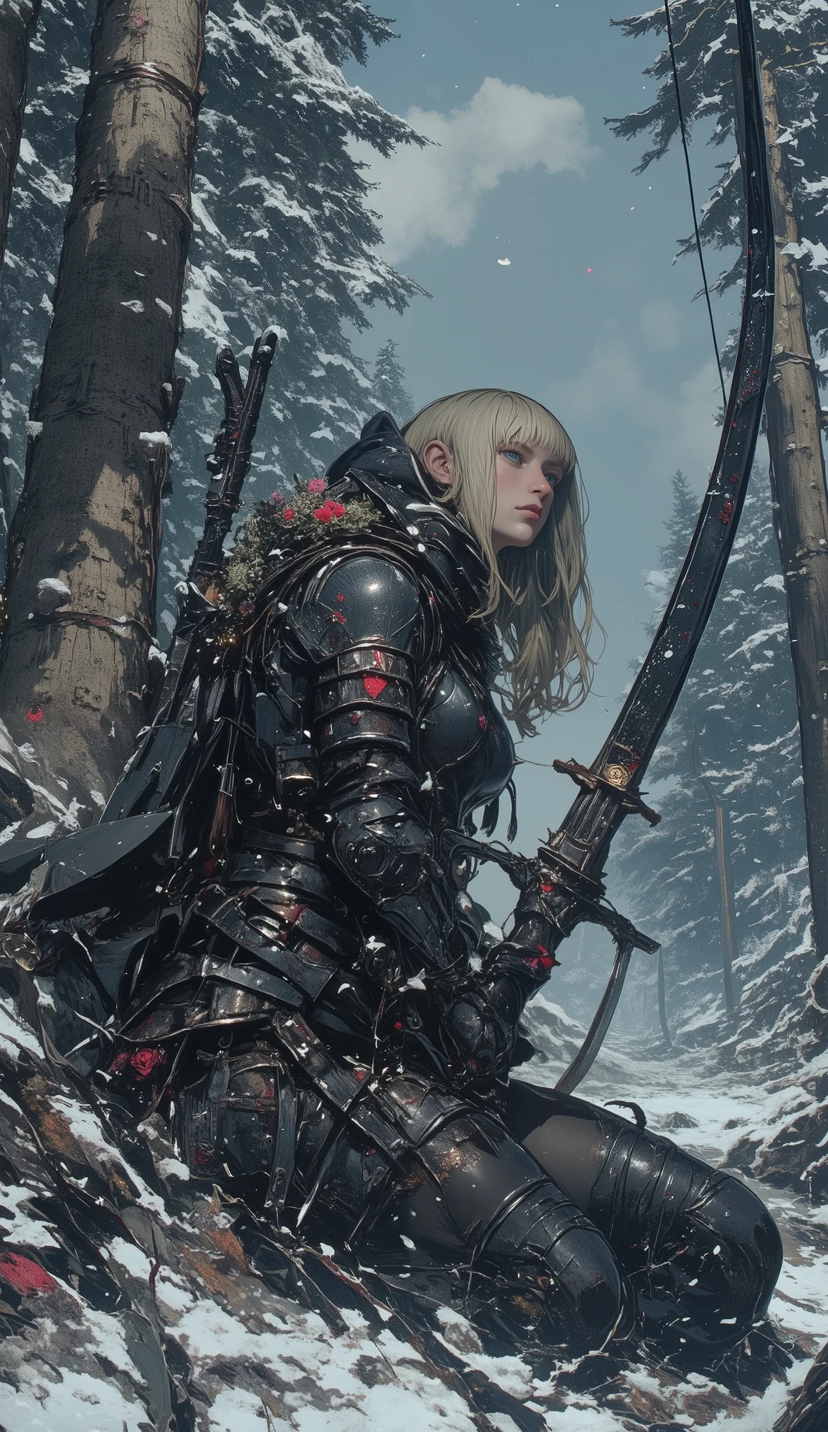 blue eyes 、  platinum blonde hair、 bangs with lots of flowers  、Female Knight, only wrist、dying、Hold up the bow and aim、 Standing in a Scandinavian Winter Forest、Snowstorm , Ultra High Definition 8K High Realistic Photos  ,  dramatic lighting,  cinematic composition leaning against a sword