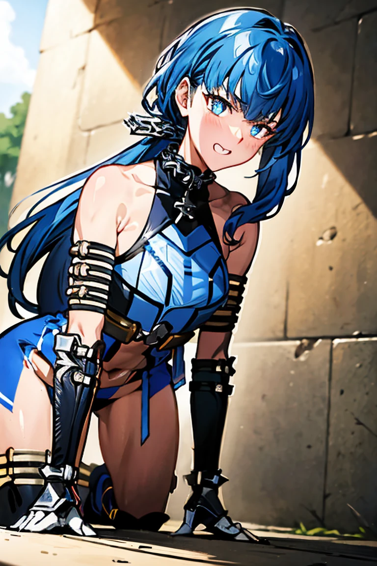 fembyleth, detached collar, black cape, black crop top, breastplate, tassel, belt, short shorts, gauntlets, patterned pantyhose, high heel boots