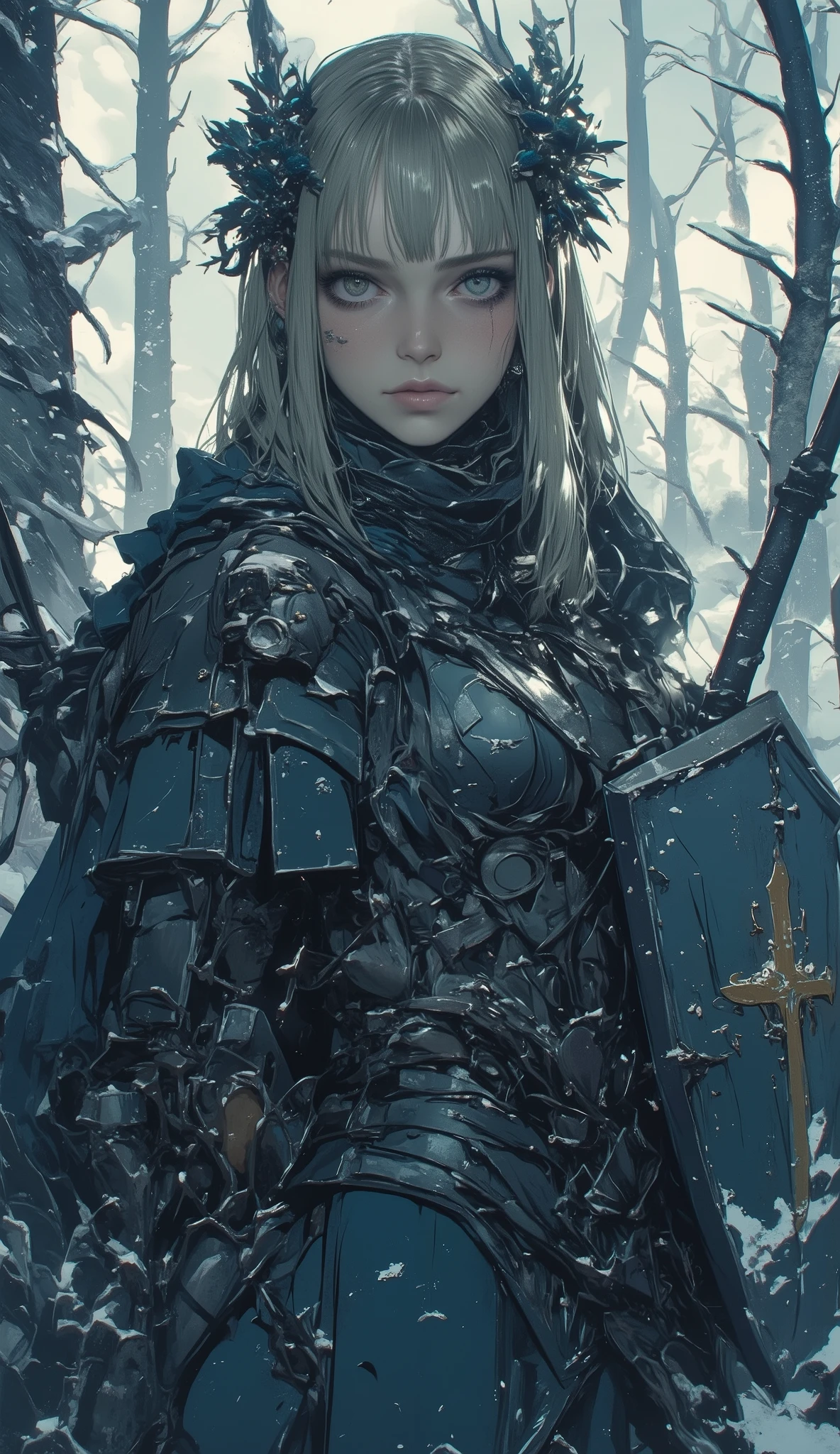 blue eyes 、 platinum blonde hair、 bangs with lots of flowers 、Female Knight, Hold a large, decorated shield with a sword、Scandinavian winter forest 、Snowstorm , Ultra High Definition 8K High Realistic Photos , dramatic lighting, focus on earrings and face