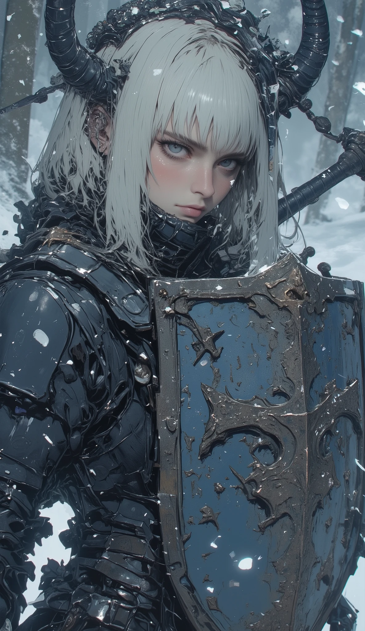 blue eyes 、 platinum blonde hair、 bangs with lots of flowers 、Female Knight, Hold a large, decorated shield with a sword、Scandinavian winter forest 、Snowstorm , Ultra High Definition 8K High Realistic Photos , dramatic lighting, cinematic composition leaning against a sword