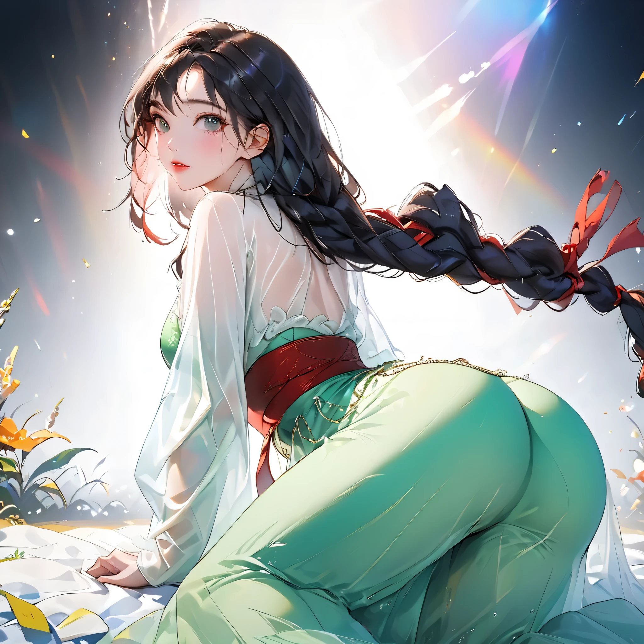 (masterpiece:1.5, Highest quality, Very detailed、 Dutch Angle、Semi-Realistic、Fantasy)(One girl, alone)(White and beautiful hair:1.4,,Straight Long Hair)(Wearing Han clothes, Royalty、White and red Hanfu:1.6,Thick fabric,Long sleeve)、((Off the shoulder、Medium Chest、ruby necklace))(From behind:1.4,The buttocks are slightly exposed、Legs wrapped in tights)(Cherry tree、dead tree、Mystical Night、Particles of light float around the woman、Space for fantasy)