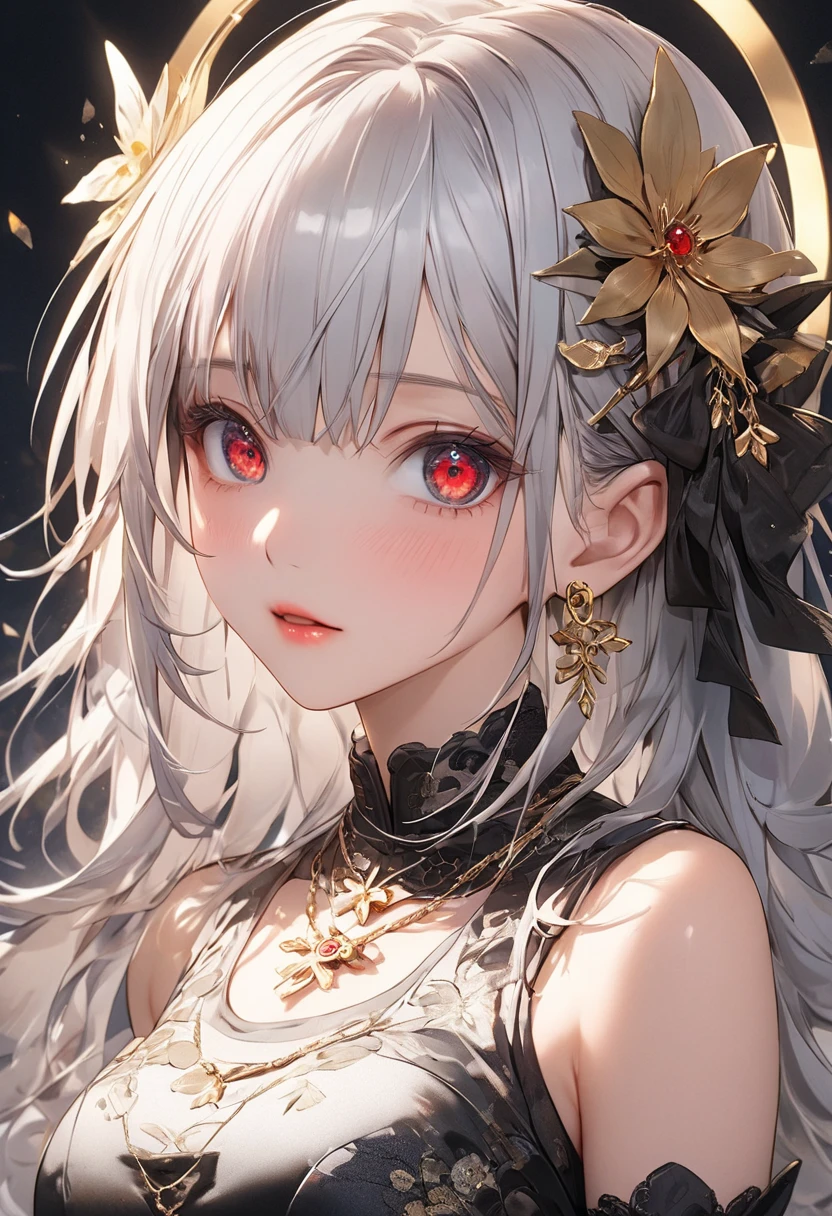 最high quality、Best image quality、masterpiece、girl((20-year-old、 By becoming、Best Bust、Medium Bust,Wide open breast tea、red glowing eyes,Silver Hair、Disheveled Hair、Long Hair、thin,The highest valley、Open chest、White wristband、smile、hair ornamentany accessories、White shirt、OL)),high quality、Beautiful art、background((company))、Flight、Flying debris、Written boundary depth、movie、Visual Arts、Perfect art、8K,Genuine、