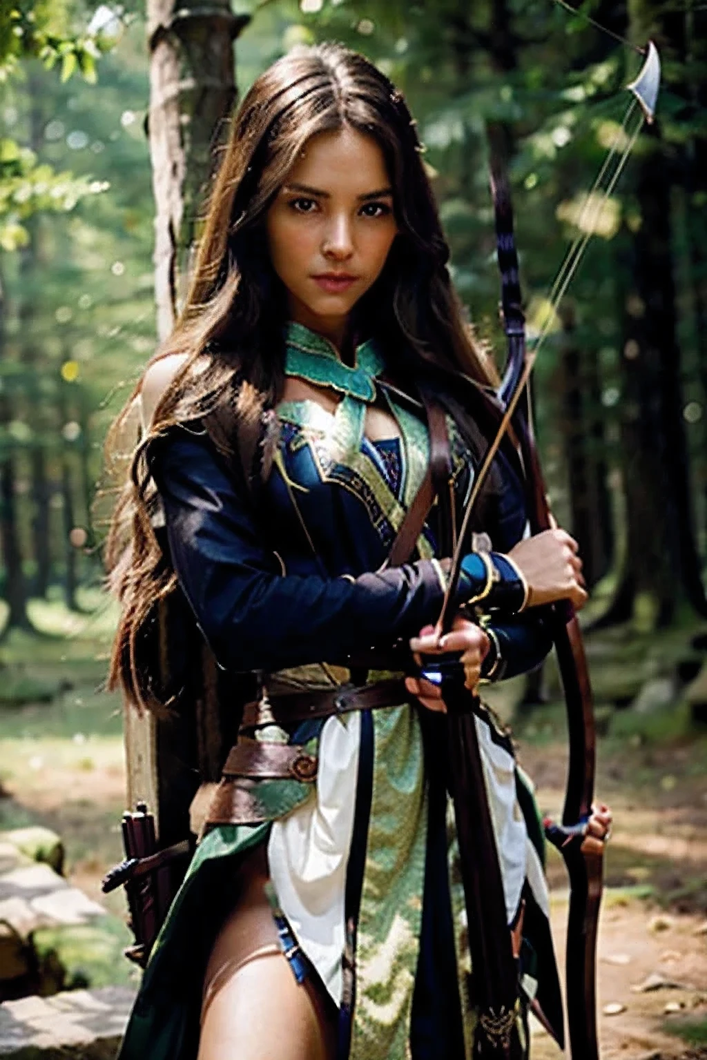 1girl, beautiful elven ranger woman, long brown hair, flat chest, flat breast, small, slim, skinny, holding quiver, bow and arrow, aiming bow, archer pose, looking down, ultra-detailed, realistic, photorealistic, photo-realistic, detailed face, detailed eyes, detailed lips, extremely detailed facial features, long eyelashes, cinematic lighting, vibrant colors, fantasy landscape background