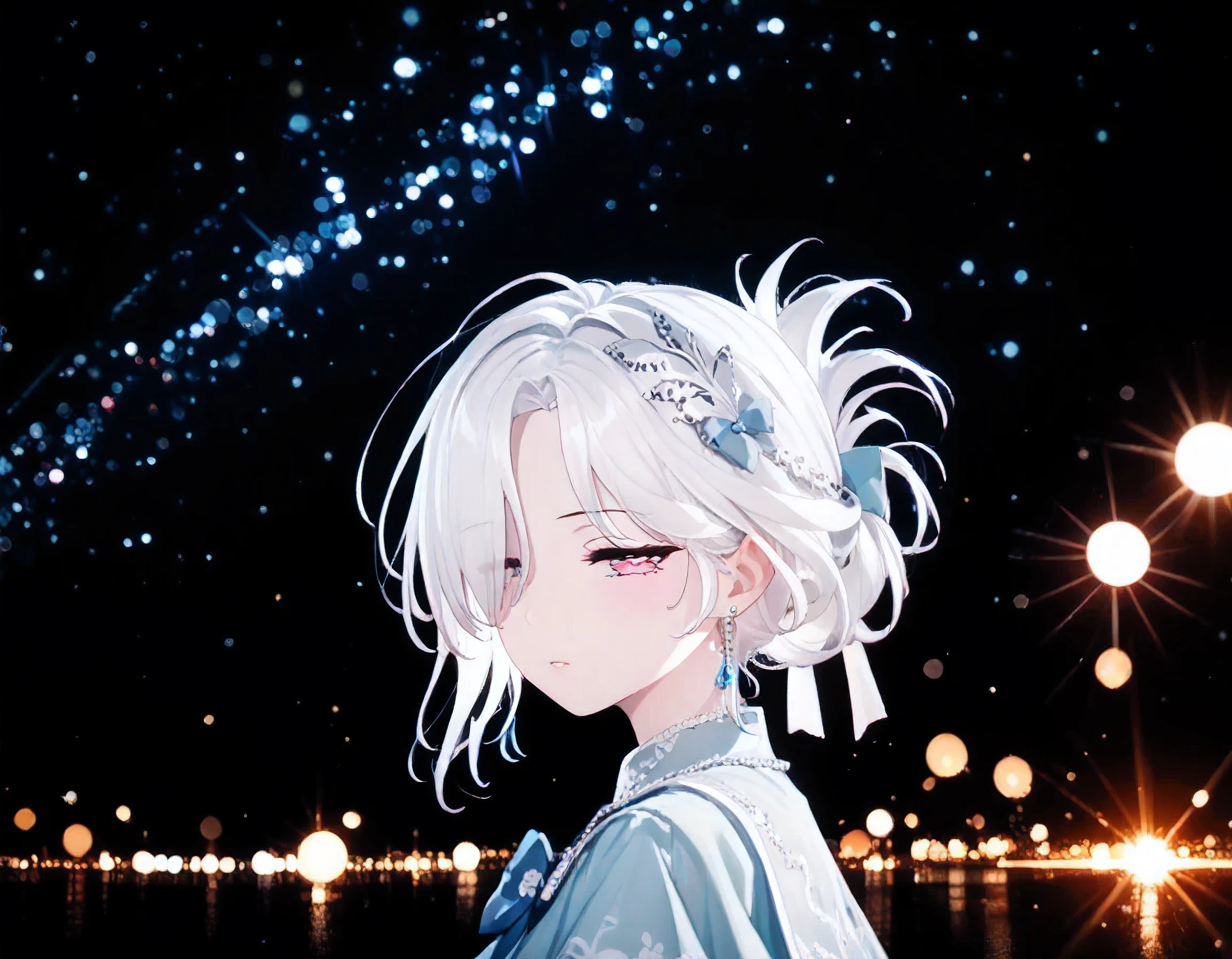 UN\(EOE\),youen\(EOE\),one girl,solo,best quality, masterpiece,score_9, score_8_up, score_7_up, score_6_up, source_anime, beautiful girl, iris midgar, perfect anatomy, (photoshooting studio scenery),,break,1girl,(dark bokeh background,Big Dipper,big sky), (weak Lighting),,break, super detailed skin,very high resolution, very aesthetic,by famous artist, 8k, 16k,,beauty illustration,photoshop_(small),,(pink eyes:1.2,half-closed eyes,detail eyeballs,detail eyes),(white hair|Detailed hair|short hair|folded ponytail|hair over one eye),((curtain haircut:1.2,curtained hair,earrings,hair_bow,,)),(cyan capelet,break,),POV,(sleepy,jitome),from behind,looking back