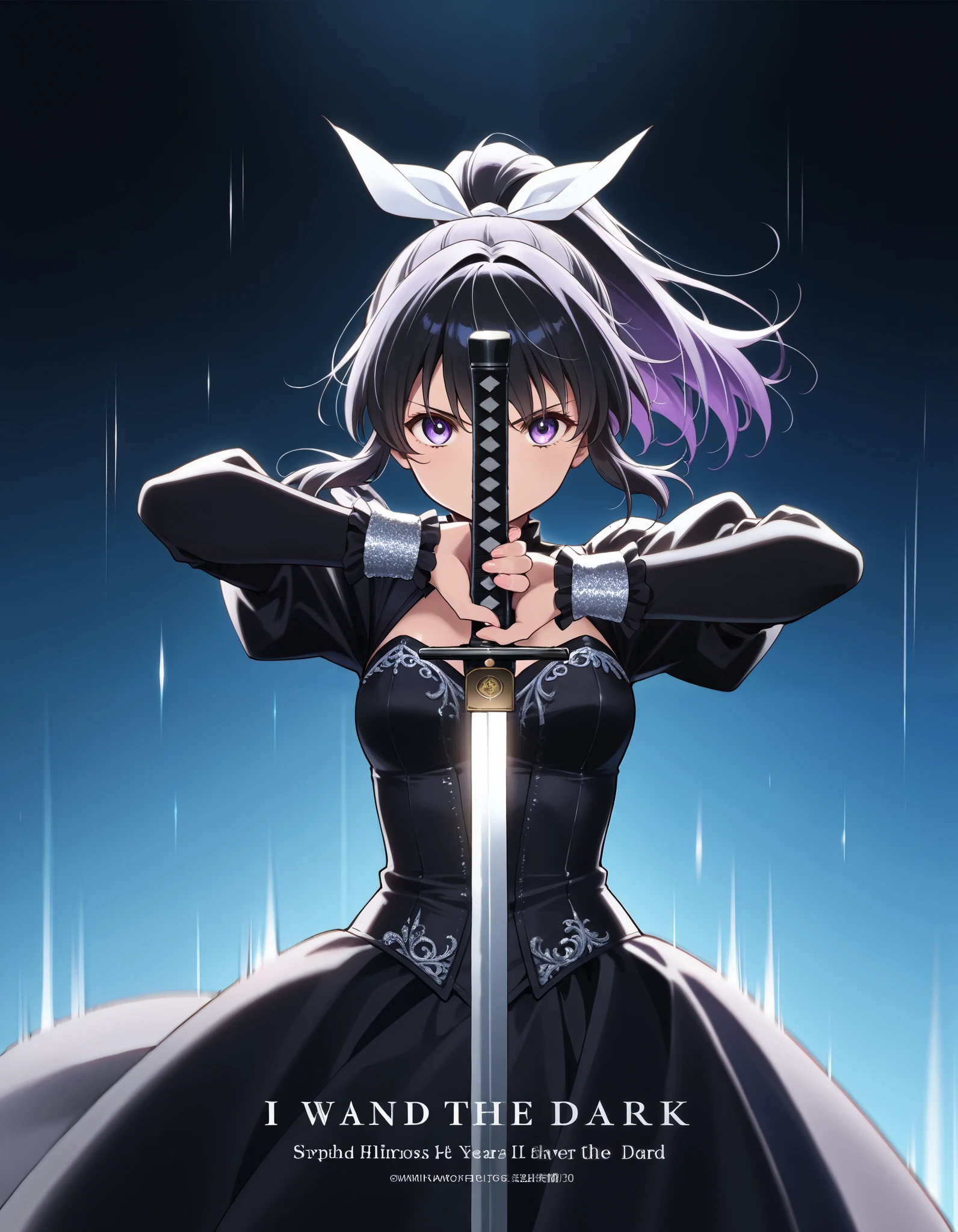 (masterpiece),(absurdres),「DARK NIGHT」Movie poster titled、(Perfect text title style)、solo lady,(23-year-old),shiny black hair,shiny purple eyes,(short highponytail),bangs:1.1,(1white ribbon;1.1),(breast:0.7),( black gothic dress with silver embroidery:1.1),serious,anger、Sword Drawing Technique、Pull out the Japanese sword、Sword Slash Pose 、motion lines,motion blur,( in the Dark Forest),depth view,Reina