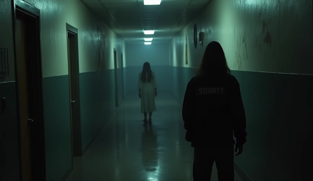 A campus security guard stands in a dark hallway of the campus filled with eerie shadows. At the end of the corridor, a long-haired woman with a blank face and tattered white clothes can be seen. The atmosphere is gloomy with dim flickering hallway lights.