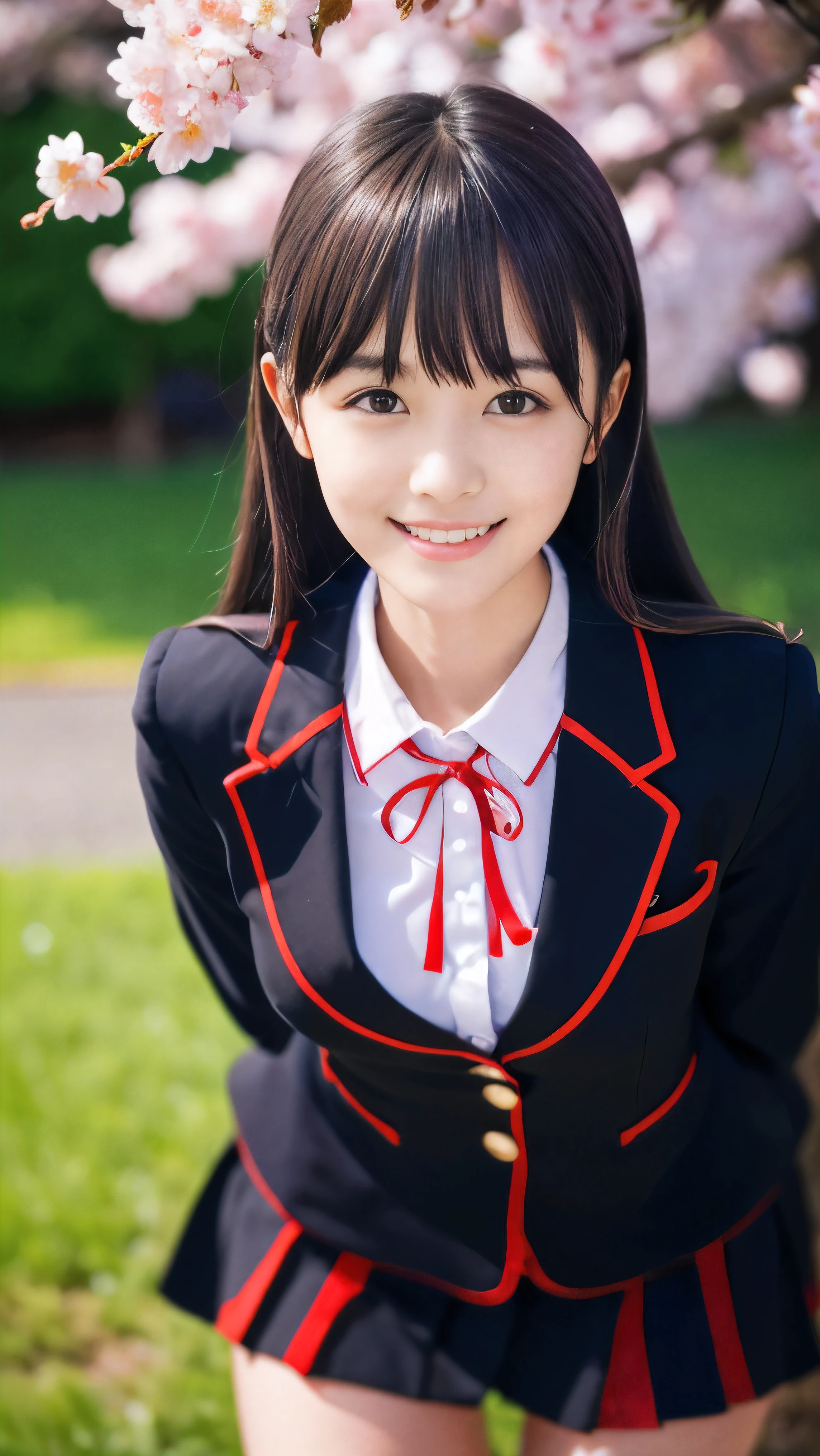 (Low angle shot of one slender small breasts dark silver long hair with swept bangs girl in a black blazer uniform with a red trimmed collar and black skirt:1.5)、(A girl is leaning forward in the park with happy smile:1.5)、(Beautiful blue sky and cherry blossoms in full bloom in Japan:1.5)、(Uniform with a black blazer and a skirt with a red edging collar:1.5)、(blurred background:1.5)、(Natural light:1.5)、(8k ultra detailed master piece:1.5)、(perfect anatomy:1.5)、(Photorealistic stick:1.5)、(Raw photo:1.3)、(highest quality:1.5)、(High resolution:1.3)、(Delicate and beautiful perfect face:1.3)、(Delicate and beautiful eye air skin:1.3)、(Real Human Skin:1.3)、((thin legs))