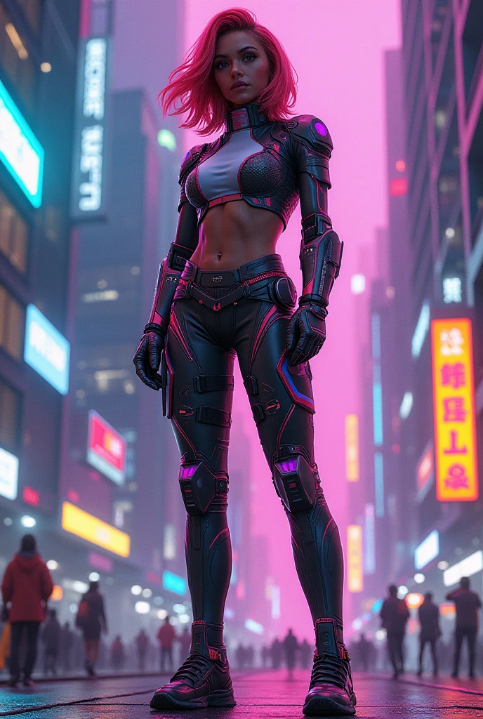 a woman in a black bikini suit, muscular! cyberpunk, female cyberpunk, cyberpunk gorgeous goddess, superhero bikini, cables on her body, epic sci - fi character art, female cyborg, brown hairmasterpiece, best quality,  standing  looking at viewer, wavy hair, brown hair, short hair, age 22, high legs, muscular, female, solo,  muscular, 