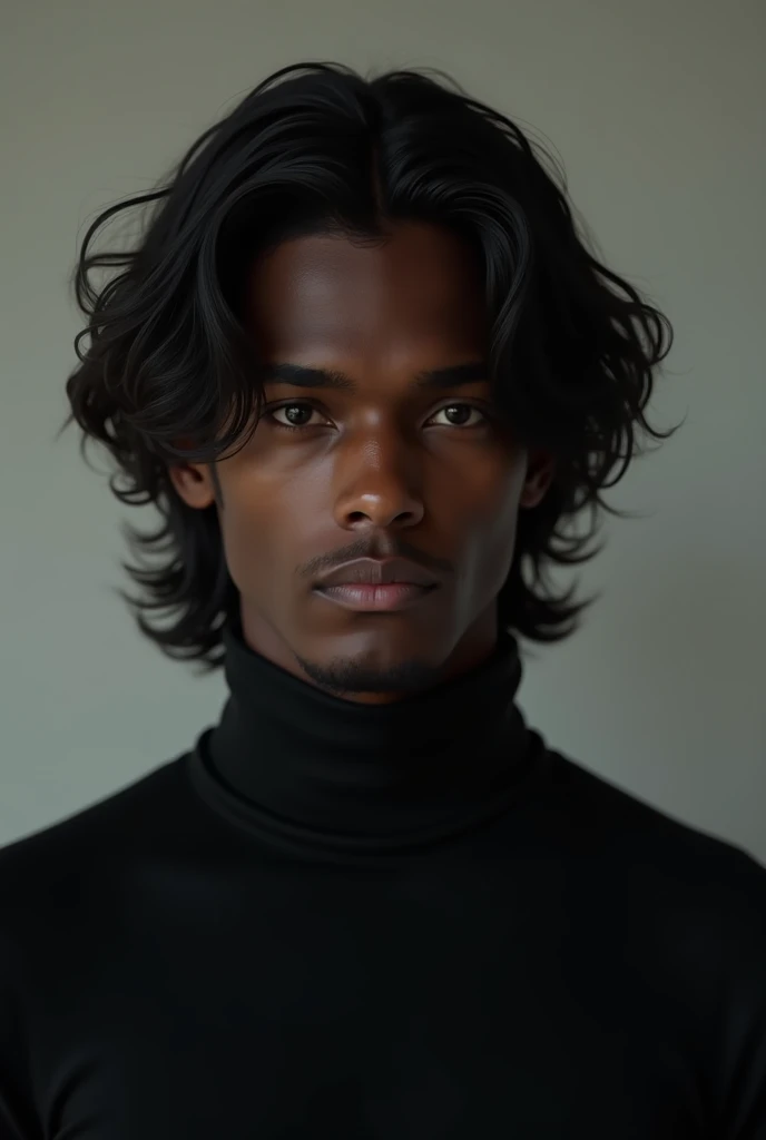 Young black-skinned man, medium wavy hair, black eyes, black turtleneck outfit.