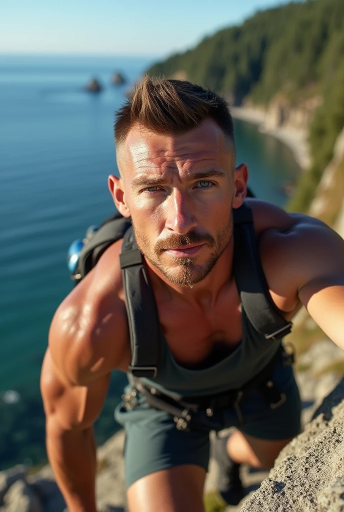 masterpiece, best quality, high resolution, closeup portrait, male focus, two guys hiking, two guys passionately hugging, two men, two guys, two gay men, two men in love, gay touch, gay hug, gay love, gay kiss, two guys touching romantically, pretty shirtless sweaty hairy guy hiking, bending over camera perspective, bleached blonde silver hair, 52 years old, hiking and climbing, view from below, scruffy, closeup, interesting perspective, erotic pose, skinny and lean body, pretty cute and masculine face, smirk, wearing dirty white jockstrap hiking backpack, spreading legs pose, filthy, sweaty, very hairy legs, skinny and hairy, half naked, bare chest, in the background a forest, hiking trail, outdoors, amazing composition, HDR, volumetric lighting, ultra quality, elegant, highly detailed