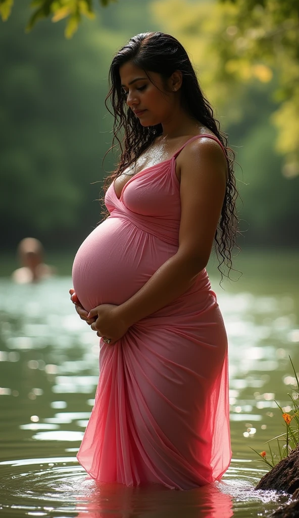 Beautiful sensual woman with a curvy body, long hair, bangs, twintail, wide waist, fitting breasts, huge pregnant, curvy accentuated booty, sparkling eyes, long eyelashes, Strong calves, light smile, taniaayusiregar, beautiful striped summer dress, sneakers, glasses, posing for a picture, river in the background, small Mountain village, photorealistic, sunset, Masterpiece, bokeh, Volumetric lighting, summer atmosphere, high angle shot
