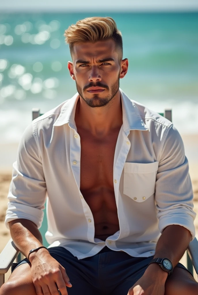 RAW photo, portrait, wide angle view, full color, commercial quality, latino hunk, ((age 24)), ((shot from below)), athletic physique, masculine features, very tanned skin, black hair, spiky hairstyle, kneeling, ((leather speedo)), ((leaning forward)), water scene, in the style of herb ritts, sharp focus, hdr, heavy contrast, dynamic lighting, 4K, (highly detailed skin:1.2), dslr,Close-up of a man under the scorching The sun is very bright, 30-year-old male, Chris Redfield, Cinematic soft lighting illuminates stunningly detailed and surreally handsome male supermodel, cinematic realistic portrait of a man, Unreal Engine character art, shirtless, wearing a cloak style, ((transparent raincoat)), ((raincoat fully transparent)), (breast visible) , (waist seen), (thong seen), (muscular man showing off his physique) male focus, solo focus, muscular, burly, hairy, male, (thong)((big bulge)), (very bulging (protruding crotch)), (very protruding crotch), naked breasts, (chest hair), body and pubic hair, (navel exposed), (in a hugging state), (Holding hands, transparent hands), (hugging himself), (Longing Eyes), (Sitting on the ground, leaning against the wall), (Go barefoot),(Eyes Looking at the Viewer), (Looking down at the ground),Cinematic Body Shots, 8k Portrait Rendering, Hyperrealistic Style, Hyperrealistic Lighting, Realistic Skin Shaders, Masterpieces, Most Best Quality, High Resolution, (Black and Gray Hair) Stunning Composition, High Resolution 8K, (Masterpiece: 1.2), (Vivid, Lifelike: 1.37)