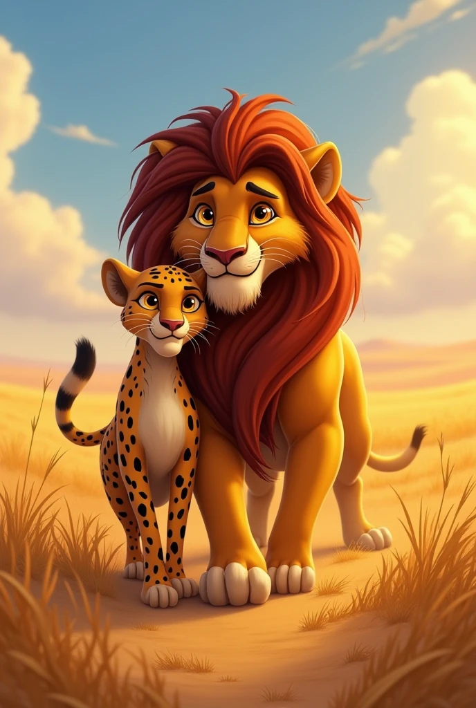 A father lion protecting his lioness daughter, The daughter wears feminine details like flowers in her hair