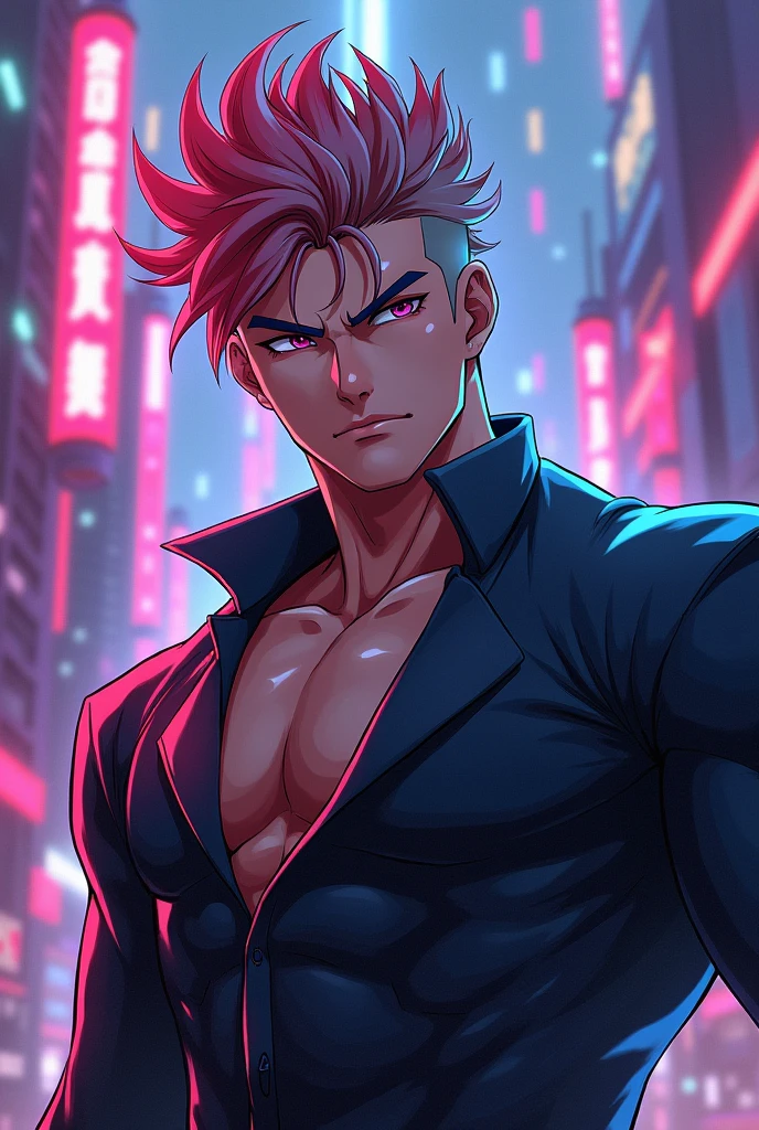 Anime muscular twink with white hair and red streaks