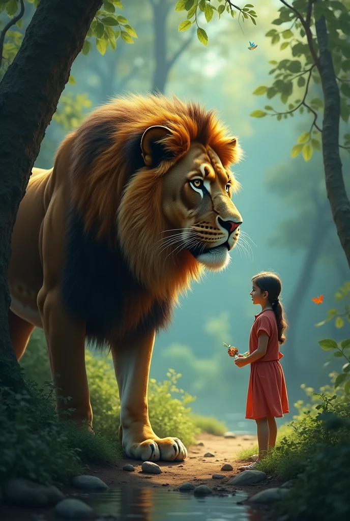 Aslan demonstrates bravery by using his strength to clear a blocked stream, showing Miko that helping others is a form of courage