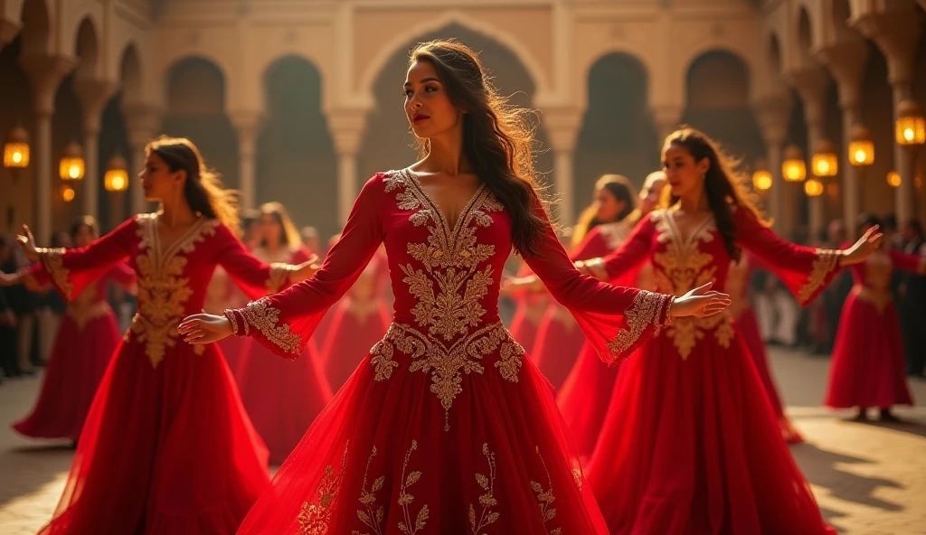 beautiful hispanic woman in a blue and gold haute couture dress with no sleeves and tulle skirt with ruffles walking on the runway , ((a beautiful fantasy empress)), beautiful female princess, royal elegant pose, royal dress, ornate royal gown, beautiful princess, royal gown, princess portrait,