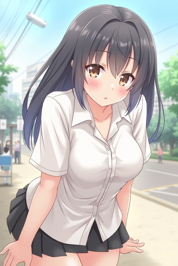 ((best quality)), ((masterpiece)), (detailed), (((perfect face))), ((slender teengirl)), (((wearing dark blue pleated skirt))), ((((topless))), (((small medium breasts)bare shoulders))), (((bare stomach))), (((bare arms))), ((brunette)), ((ponytail)), (((shy:1.3))) ((blushing:1.5)), ((skinny thighs)), ((skinny hips)), (((standing next to black SUV))), (((girl looking away))), ((carpark)), ((trees))