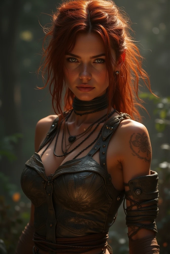 very detailed, 16K high resolution, incredibly detailed image, cinematic, best quality, masterpiece, realistic, detailed face, detailed background, dramatic lighting, A girl, 2, she is alone, beautiful, natural ginger hair, straggly and messy wavy hair. Extremely detailed facial expressions with sharp and piercing green eyes. A delicate, slightly cheeky face, subtly made up. ((She is tattooed and pierced, large tubes in her ears.)), She has (very small breasts) and a slim figure, in good shape. Dark lighting conditions, the world is destroyed after a war (end-time mood like in Mad Max). She is in an old destroyed city. Flames and clouds of smoke in the background. Her outfit is similar to the outfit of Vii, from the series Arcane. She has a belt around her waist.