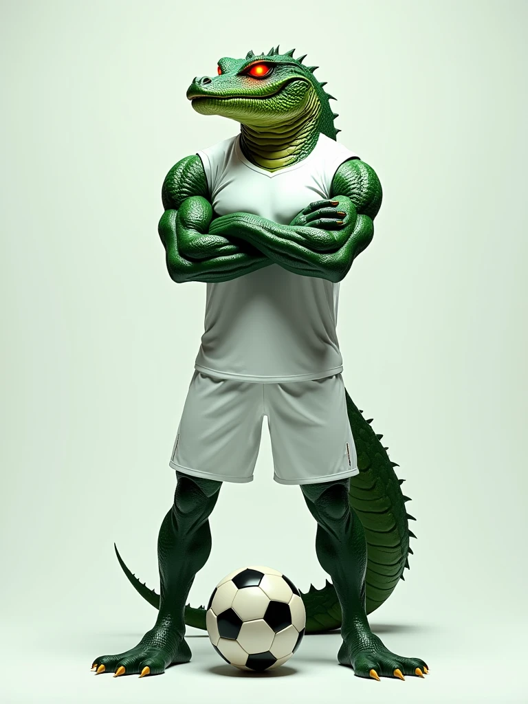 Green dragon with muscular human body wearing black soccer uniform