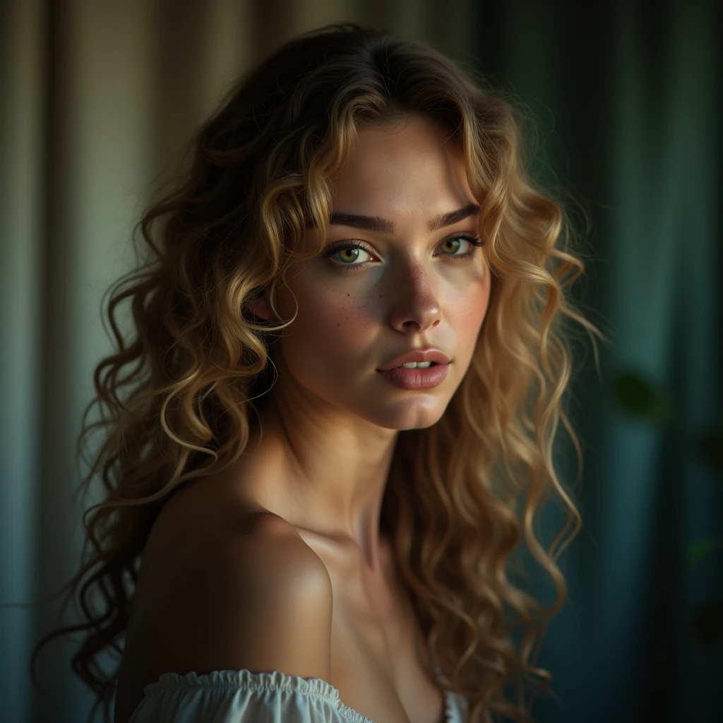 (best quality,highres,masterpiece:1.2),ultra-detailed,photorealistic:1.37,portrait,beautiful woman,curly hair,freckles,detailed eyes,detailed lips,dirty blonde hair,vibrant colors,soft lighting,studio setting,feminine,pensive expression,graceful pose,delicate features,subtle makeup,bokeh,shallow depth of field,subtle smile,rosy cheeks,airy feel,artistic composition, (((Ana de Armas))), (((Green eyes))), Cinematic, Hyper-detailed, insane details, Beautifully color graded, Cinematic Lightning, Insanely detailed and intricate, Hyper maximalist, Volumetric, Full color, HDR, shallow depth of field, high budget Hollywood film, cinemascope, moody, epic, gorgeous , (((((19 years old)))) , (((smile face))), (((full body shot))), she is in the gym, realistic, cute, 8k, full body shot, , neon background lights, 80s vibe, vibe, lips, ring, hard on, big