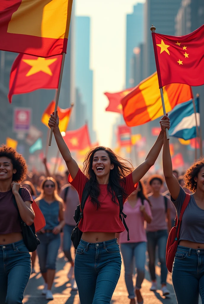Vietnamese people on liberation day raised their hands and waved flags, smiling happily, size width 1200 pixcel, height 600 pixcel
