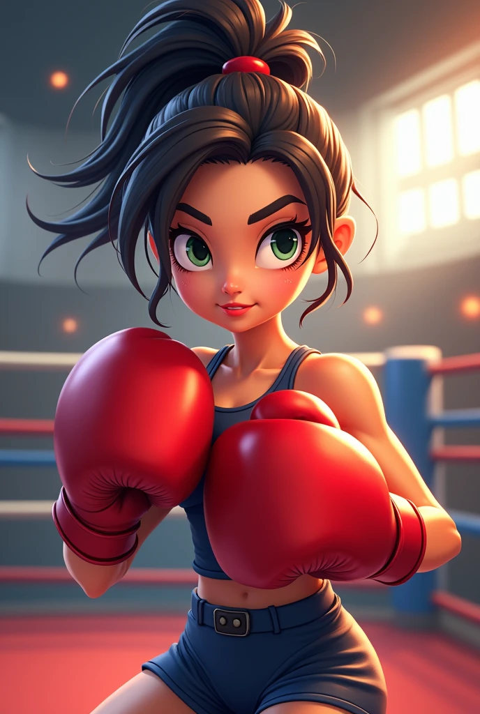 An athletic South Asian little girl, with protective gear and sports bra, proudly standing in a brightly lit boxing ring. She is fervently preparing for her match, throwing shadow punches with well-wrapped wrists and a determined look on her face. Meanwhile, an excited, diverse crowd has gathered around the ring. Their faces are filled with anticipation and they cheer her on, as bright spotlights illuminate the arena, further emphasizing the tension and intensity of the moment.