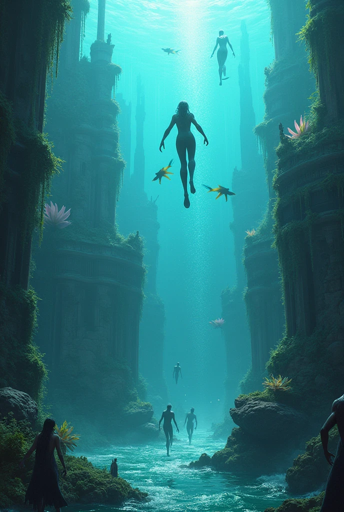 There are many people swimming in the water in the ocean, Human Atlanteans hide underwater, Tomasz Alen Kopera e CGSoration, Deuses das profundezas, An underwater alien ocean, dramatic concept art, nas profundezas, talassofobia, Jessica Rossier Arte de fantasia, Jessica Rossier e Brian Froud, profundezas, cyberpunk em alto mar