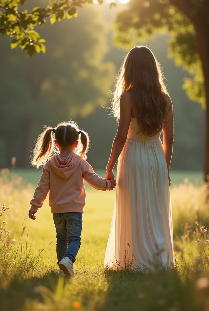 Mother and daughter are holding hands at sunset in the forest., 4K, ultra quality, wide angle