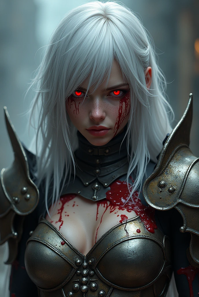 White-haired woman, terrifying appearance, with a katana and a shield, red eyes, on a battlefield covered in blood, wearing Spartan clothes, with a scar on her left eye,
