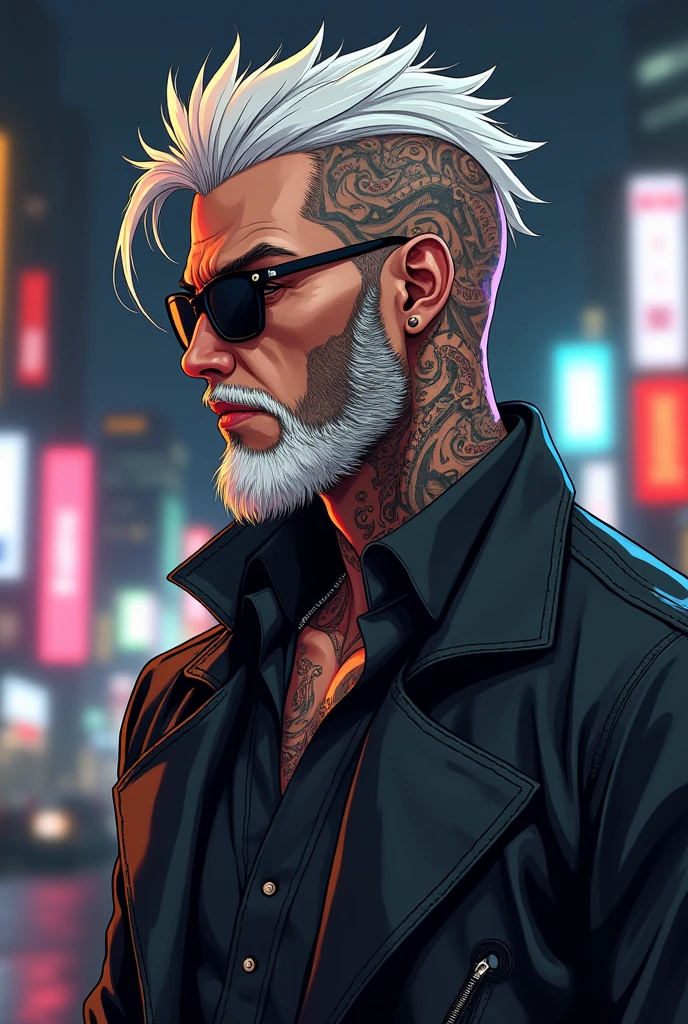 ((realistic: 1.5)),((best quality)), ((masterpiece)),((detailed)), man, shaved hair,short, a little gray, bearded, animalistic eyes, cut scar on face, wearing tactical clothing, smoking cigarette, illuminated city, at night