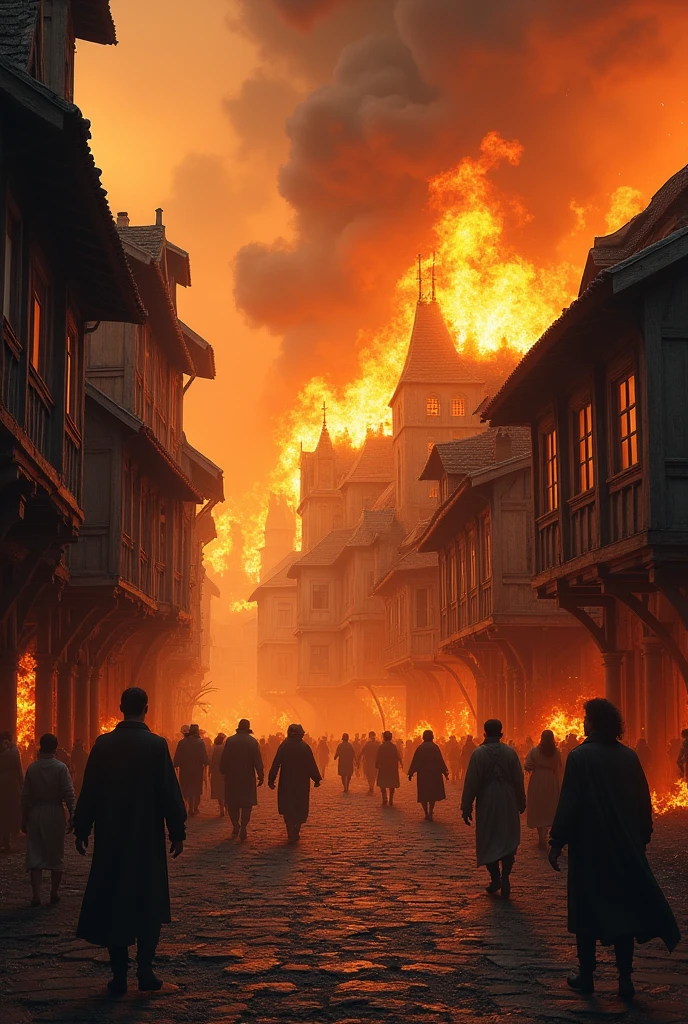 an illustration of apocalyptic medieval city. huge meteor impact people crying