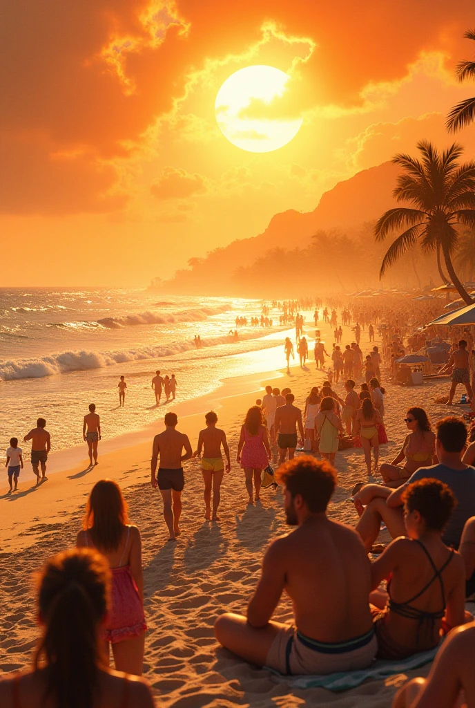 crowd of people dressed only in swim suits, looking on smartphones on beach, water, sitting, standing or laying, color, children, adults, man, woman, future times, child with smartphone in front of picture, sunny day, clouds, real photo