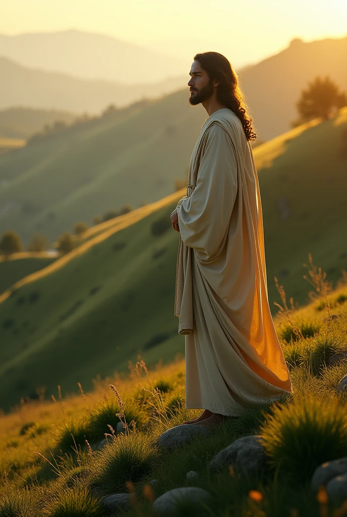 Create a cinematic style image of Jesus Christ on the side of a hill