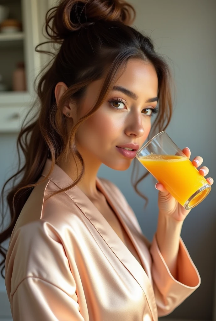 A Brazilian woman with large breasts sitting down, wearing a short open floral shirt, with a close-up capturing the harmonious beauty between her breasts and long silky brown hair, age 20 years old transparent gloss lips drinking orange juice.