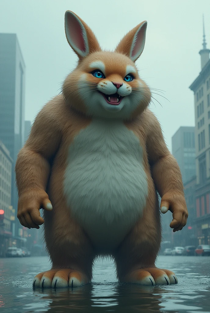 giant,(Bigger than a mountain), towers above the city, full body in the wet, masterpiece:1.2, High quality, top quality, high resolution, Detailed , Lisa Genshin Impact, which is bigger than a mountain , Medium brown fur , blue eyes, tilting head , Closed Eyes,Wicked smile , ( Detailed face), (( Sharp Focus)), ( full body in the wet shot), bottom heavy , huge ass in a new park, rabbit suit