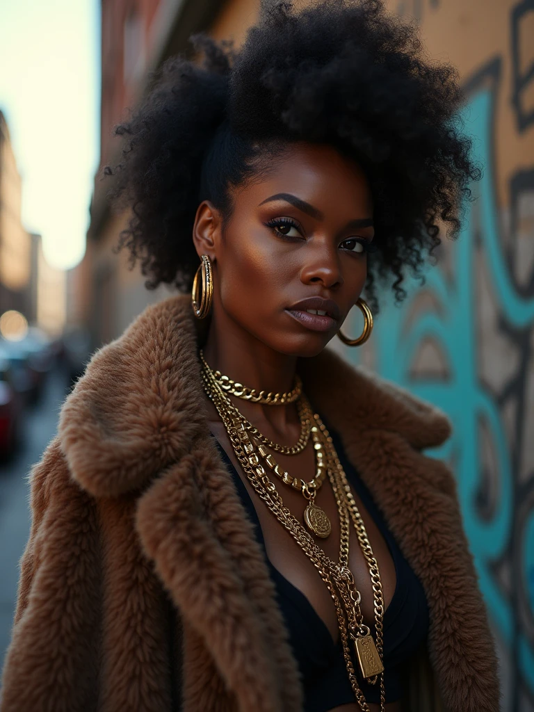 A modern, minimalistic profile icon featuring a young Ethiopian woman with natural afro hair, wearing gold jewelry and a futuristic cape, on a dark gradient background. The style is semi-realistic, clean, with soft glow lighting and luxury fashion tones. Profile picture format, centered portrait.