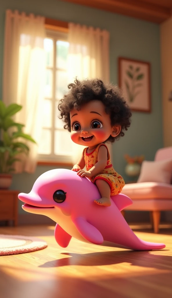 Pixar style image, An eight-month-old baby with dark skin was found in a pool inside an inflatable Dalmatian puppy