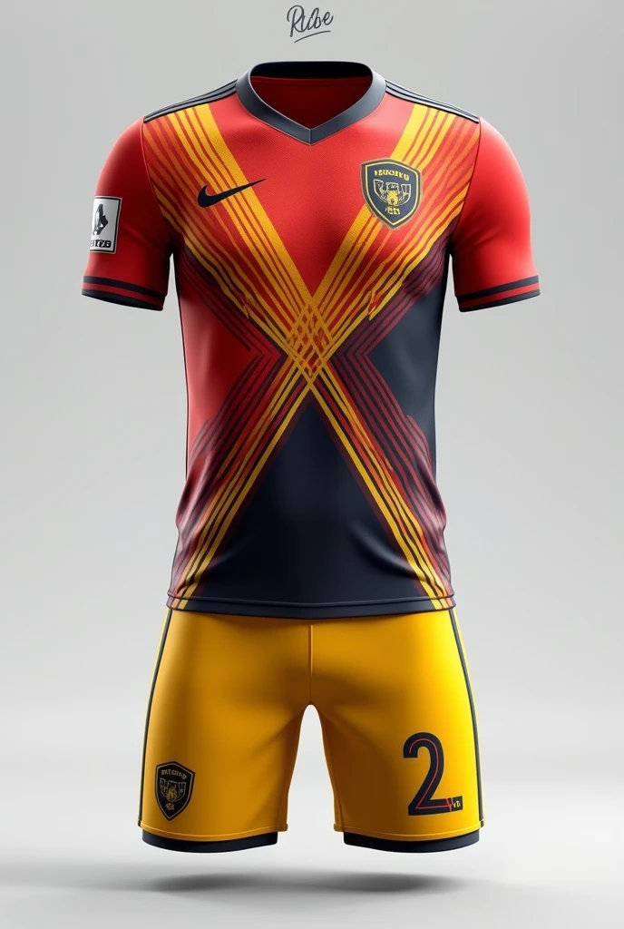 Custom soccer uniform in dark blue primary color, with thin vertical orange stripes and black shorts with orange details, with a shield on the left side of the chest with the words bela vista written on it