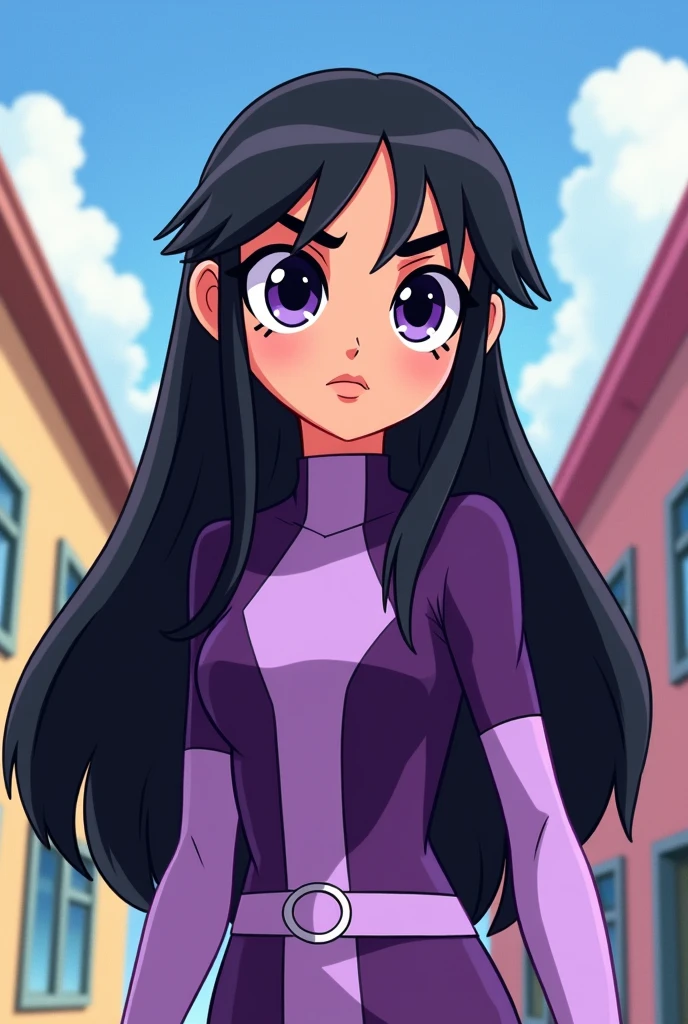 Powerpuff girl in the style of the series with long black hair and the color purple