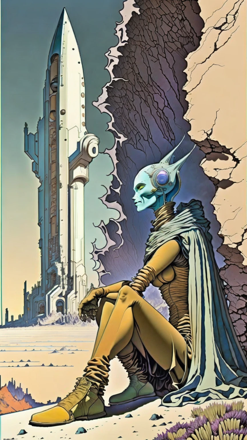 Uma pintura de um ser elfico android, robot, orelhas pontudas, segurando uma bela flor, sentado em um penhasco com uma nave espacial ao fundo por Moebius Jean Giraud