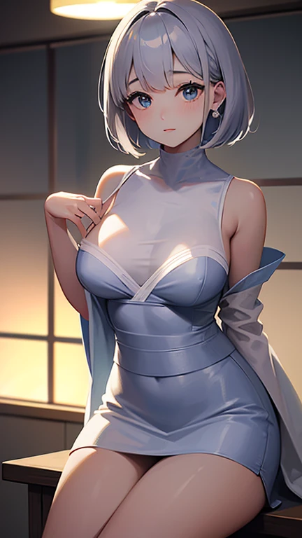 Anime, woman, long hair, hime-cut, short hair, pale blue hair, pale blue eyes, cool, earrings, big boob, sexy-cute, full-bodied, wearing a black costume, beautiful, elegant, pure, fantasy,