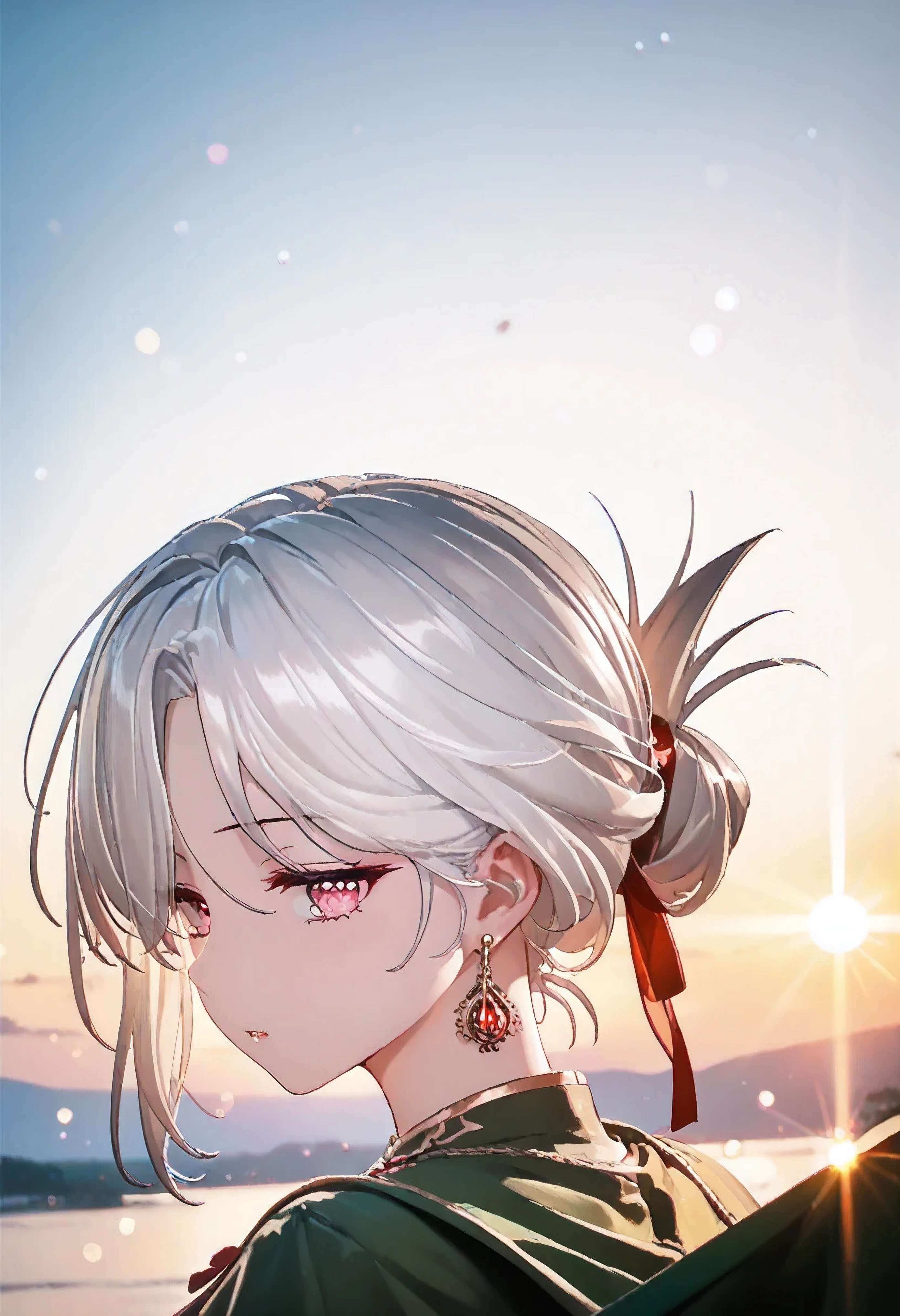 UN\(EOE\),youen\(EOE\),one girl,solo,best quality, masterpiece,score_9, score_8_up, score_7_up, score_6_up, source_anime, beautiful girl, iris midgar, perfect anatomy, (photoshooting studio scenery),,break,1girl,queen,(standing,outdoor,bokeh background,Big Dipper,wide sky,close shot), (weak Lighting),,break, super detailed skin,very high resolution, very aesthetic,by famous artist, 8k, 16k,,beauty illustration,photoshop_(large),,(pink eyes:1.2,detail eyeballs,detail eyes),(white hair|Detailed hair|short hair|curtain haircut|folded ponytail|hair over one eye),((ear ring,big_bow,,)),(dark-green capelet,break,),POV,(sleepy,jitome),from behind,looking back