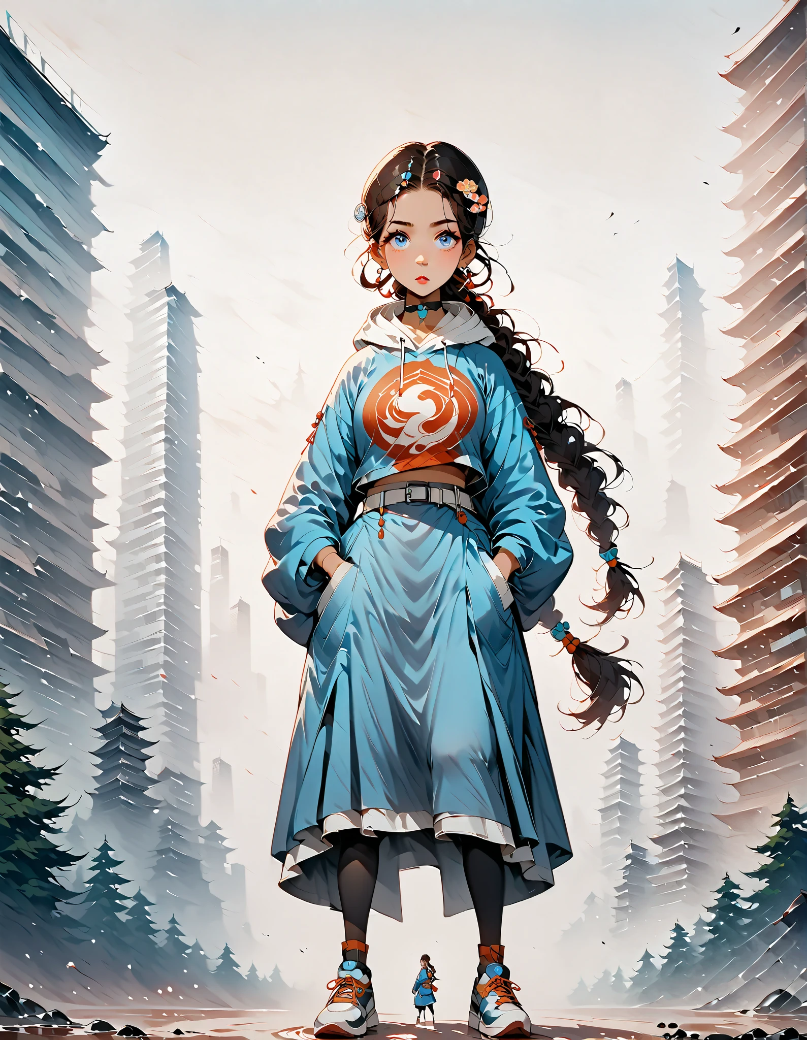(((Ink Painting))), (((cyber city))), (((1 Girl))), (((whole body))), (((Very flashy hair accessories))), (((Very flashy makeup)))), Japan  ese pattern hoodie, Put your hands in your pockets, Japan  人の美女, Delicate and precise, Modern ukiyo-e style,Japan ,  [avatar the last airbender], Warm brown skin, bright blue eyes, dark brown hair in a braided ponytail, black legwear, blue dress, white fur with white belt in the center, leggings, white fur-lined shoes, ,  1girl , Alone, black hair, blue eyes, dark skin,  hair ornament,